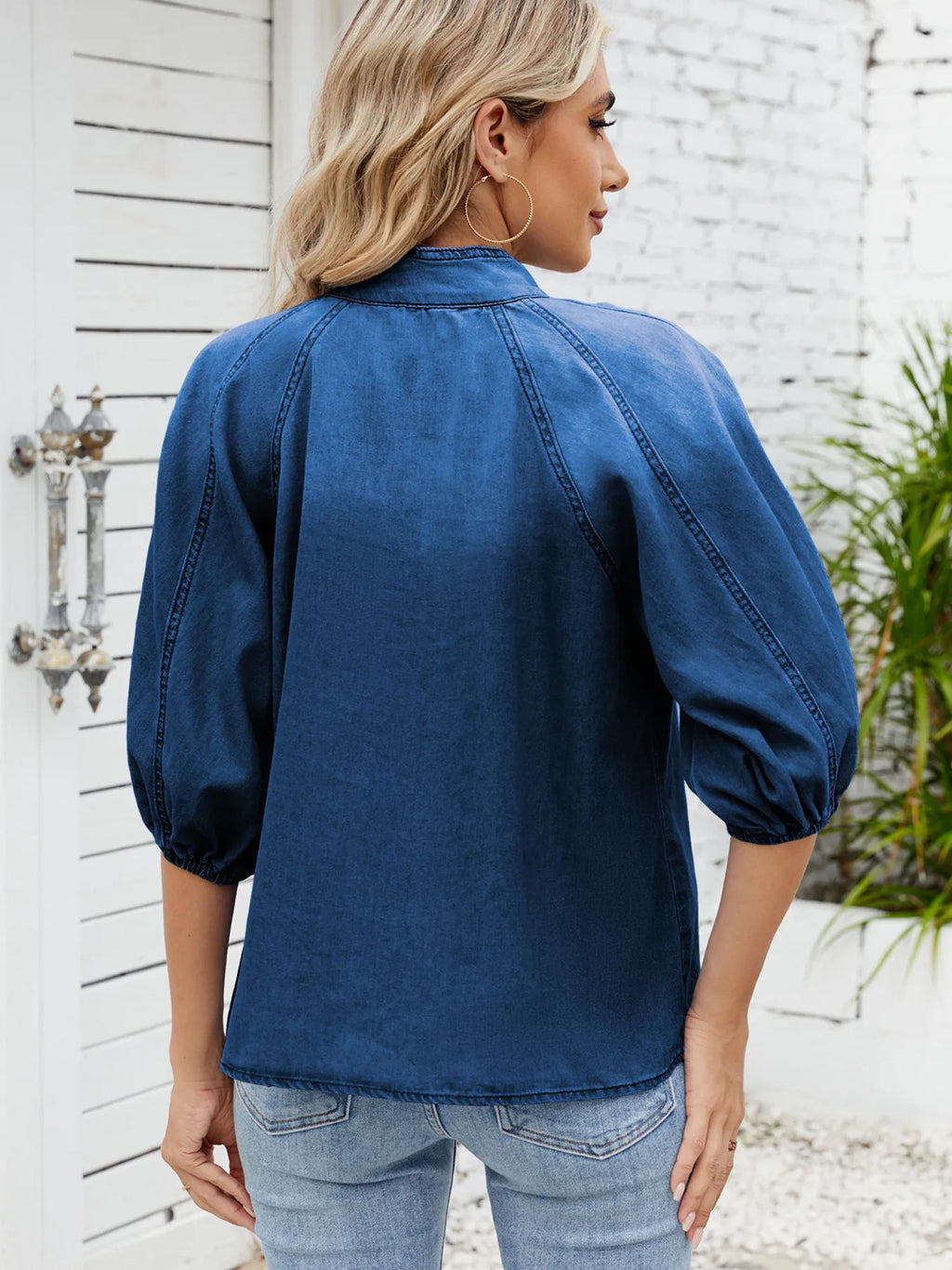 Denim Bow Tie Puff Sleeve Top.