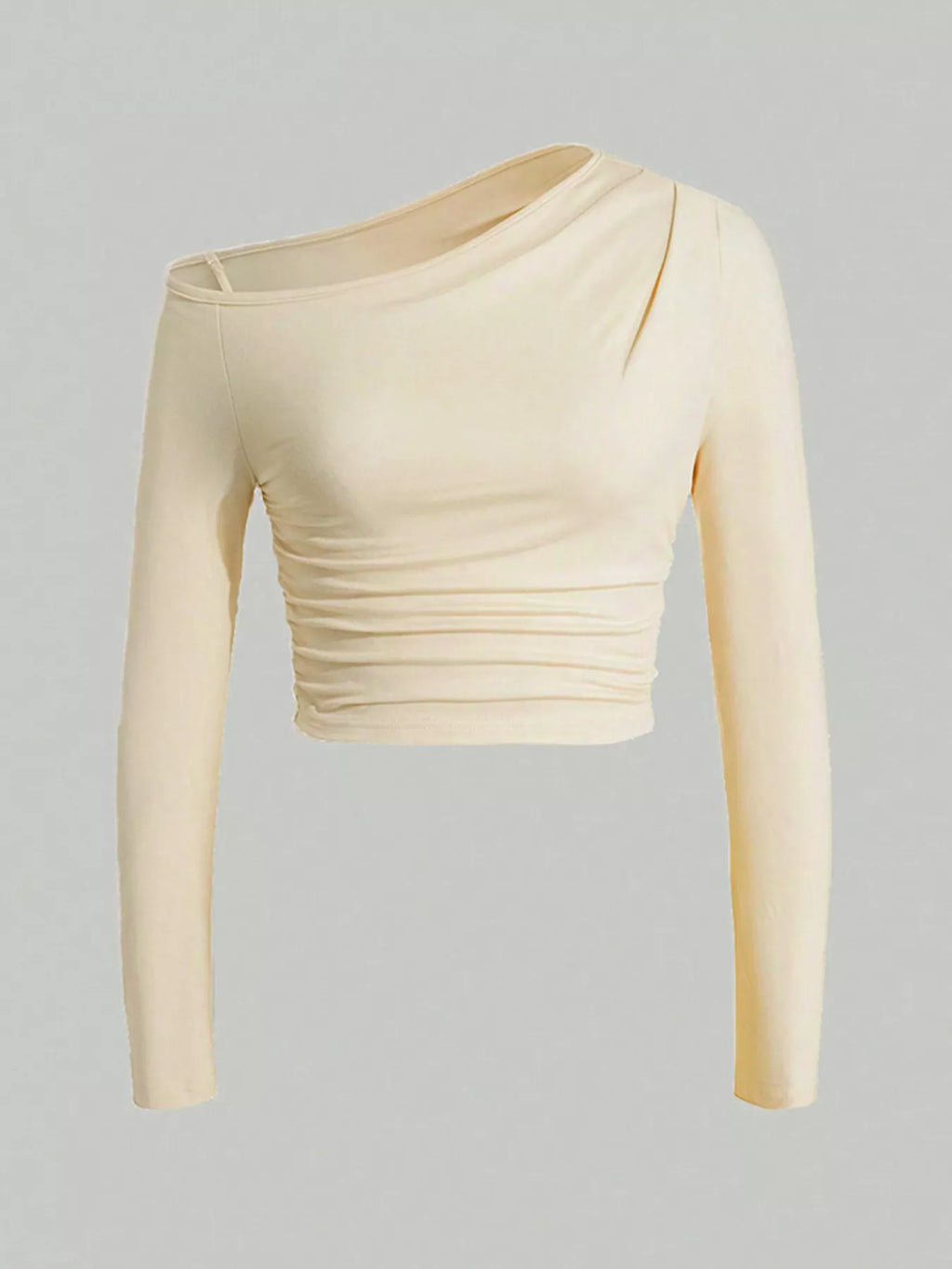 One-Shoulder Ruched Long Sleeve Crop T-Shirt.