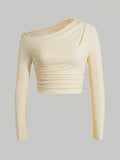 One-Shoulder Ruched Long Sleeve Crop T-Shirt.