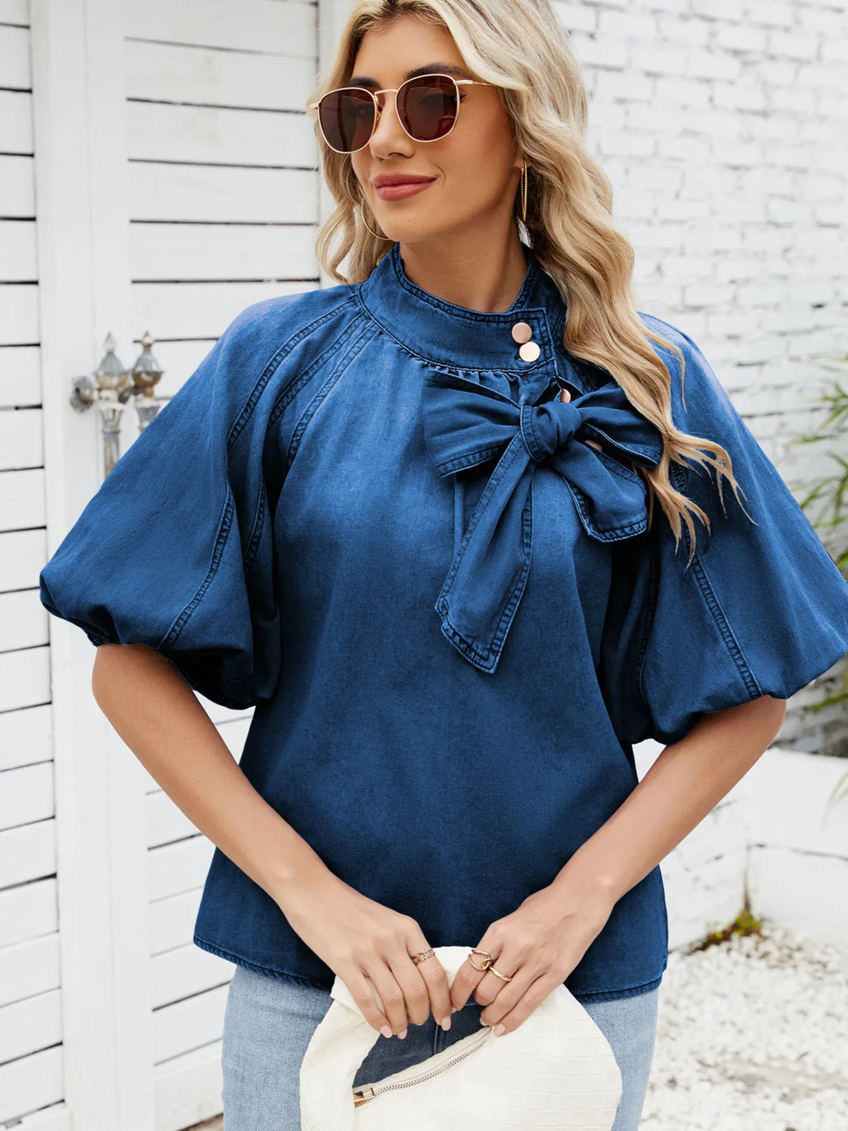Denim Bow Tie Puff Sleeve Top