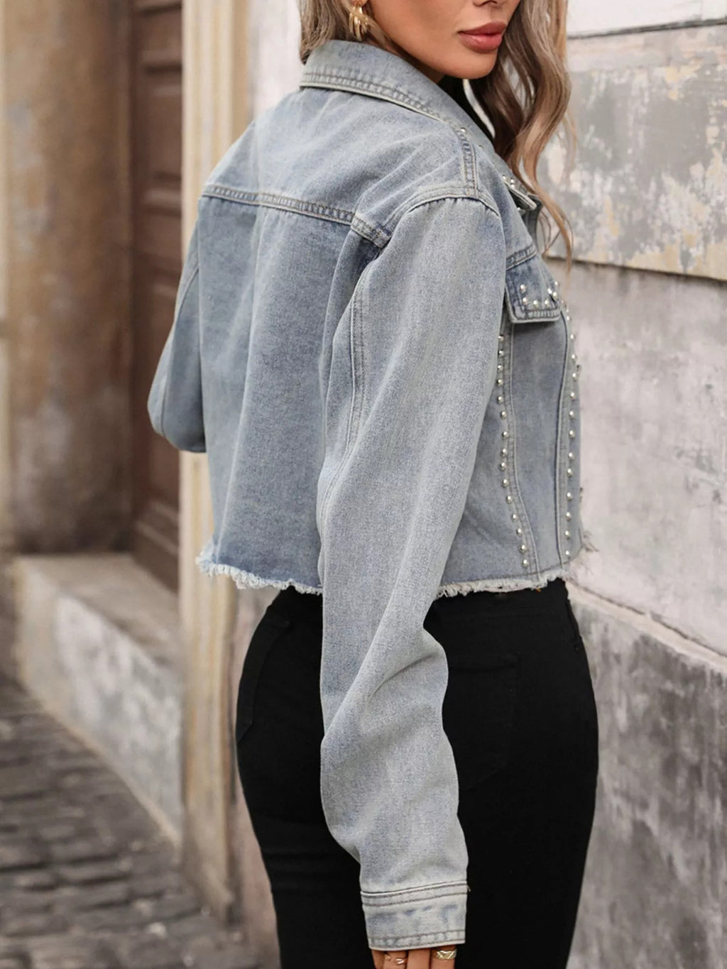Studded Raw Hem Denim Jacket.