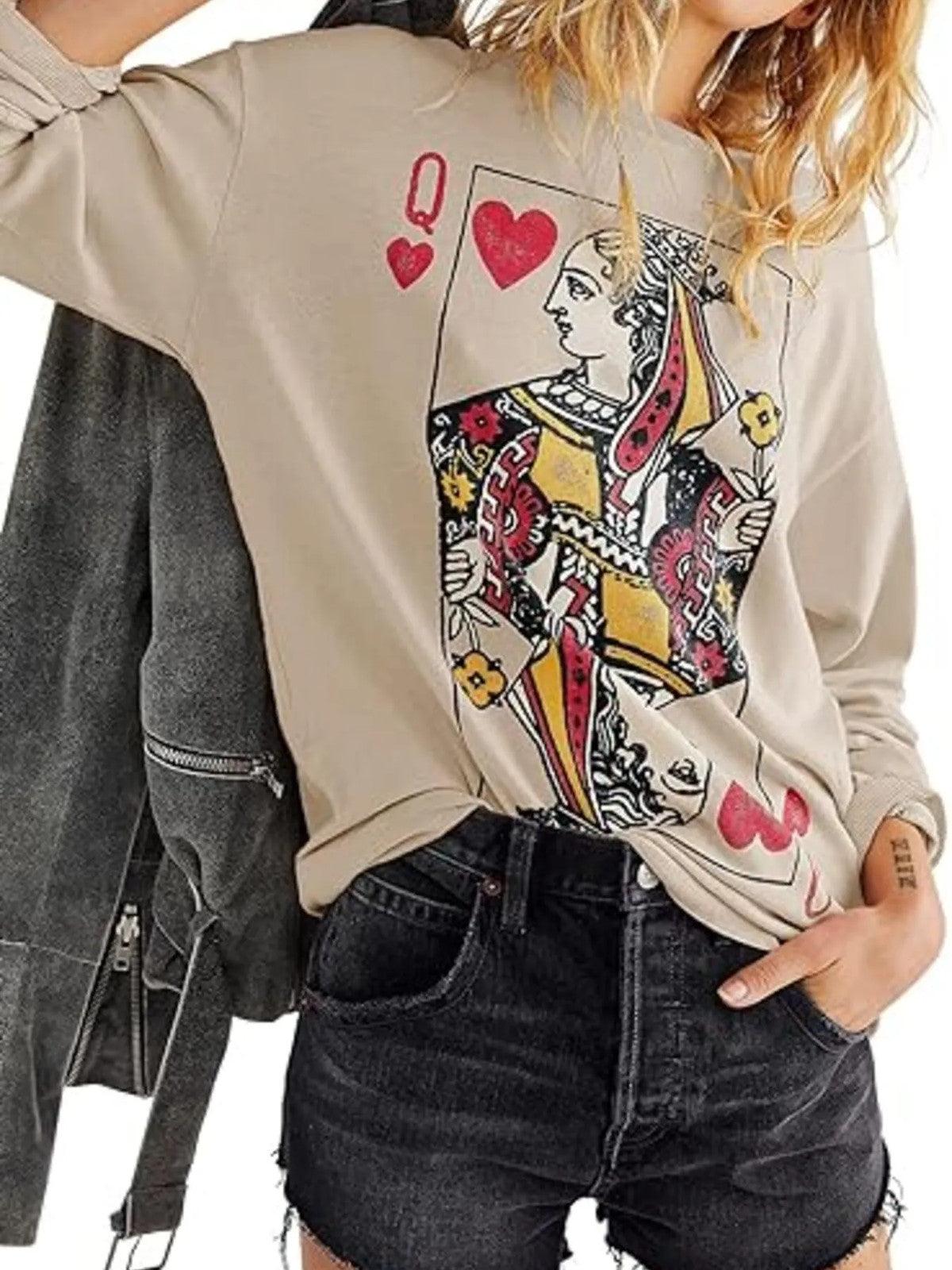 Queen of Hearts Playing Card Graphic Round Neck Sweatshirt.
