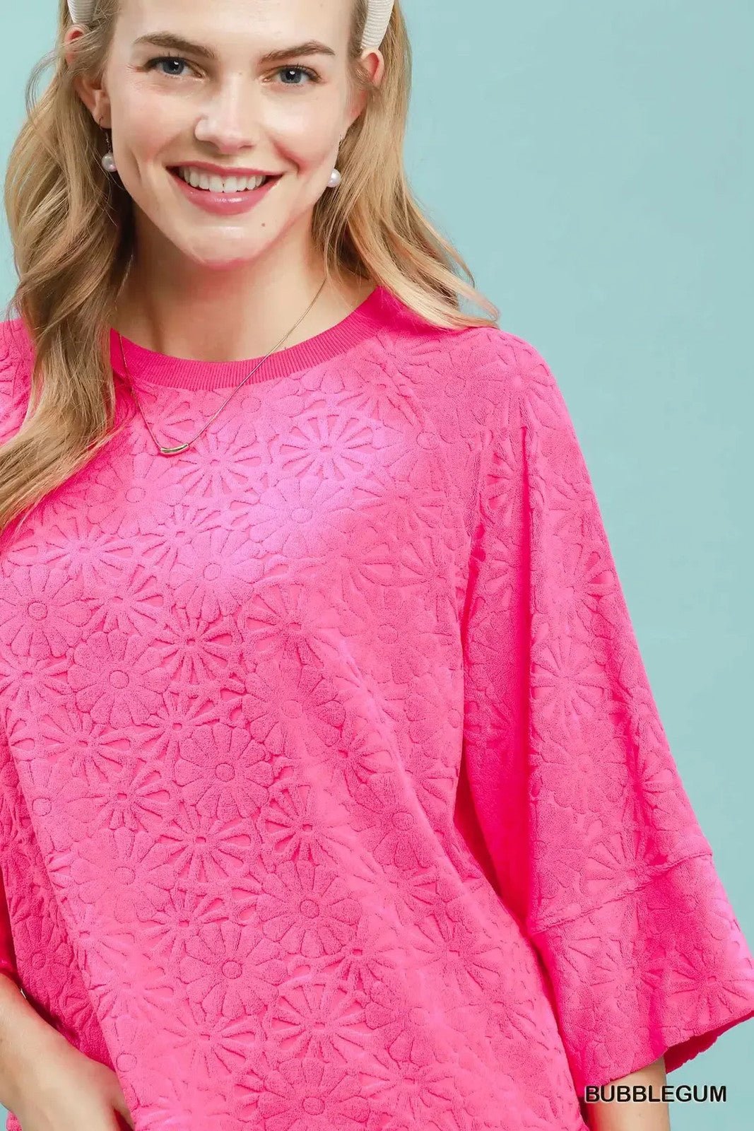 Round Neck Textured Floral Terry Blouse