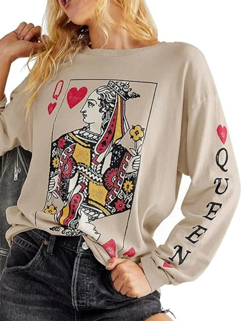 Queen of Hearts Playing Card Graphic Round Neck Sweatshirt.