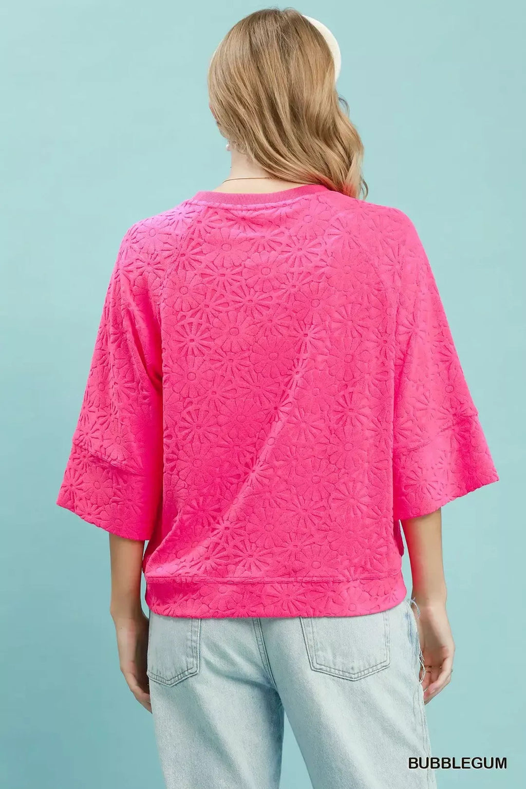 Round Neck Textured Floral Terry Blouse.