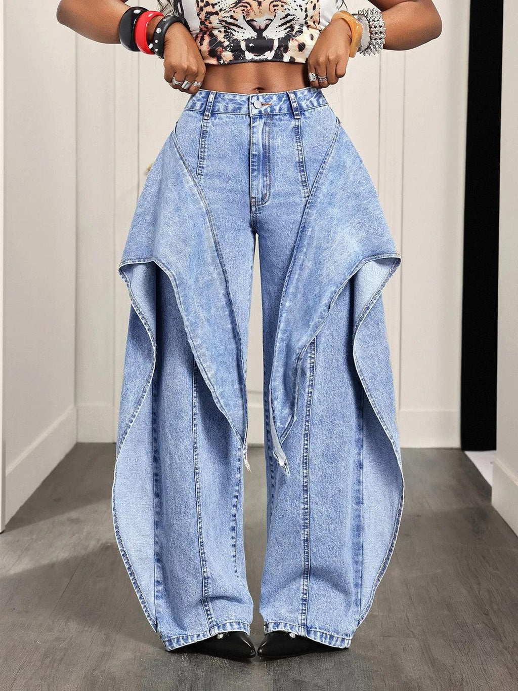 High-Waisted Ruffled Wide-Leg Jeans.
