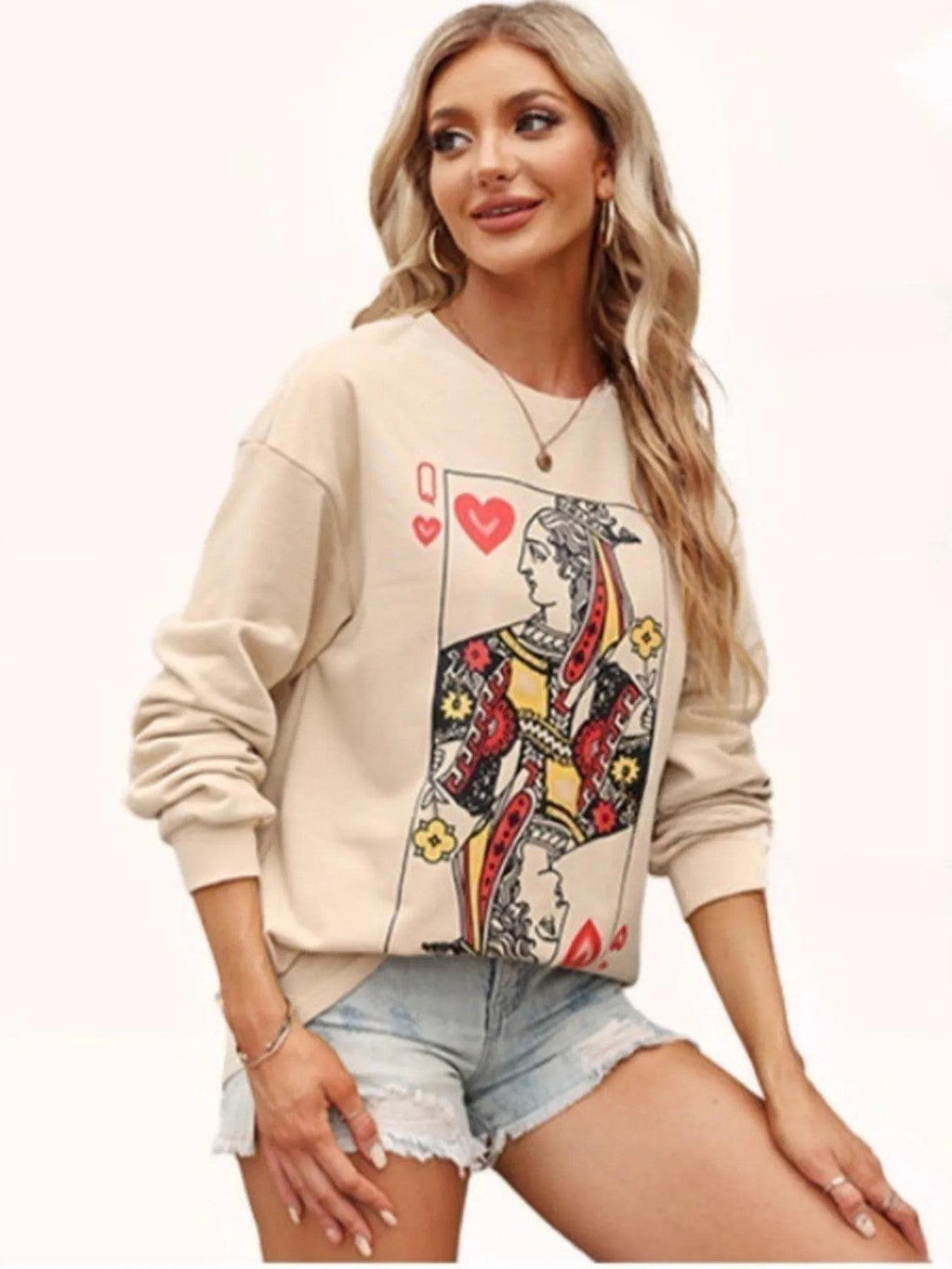 Queen of Hearts Playing Card Graphic Round Neck Sweatshirt.