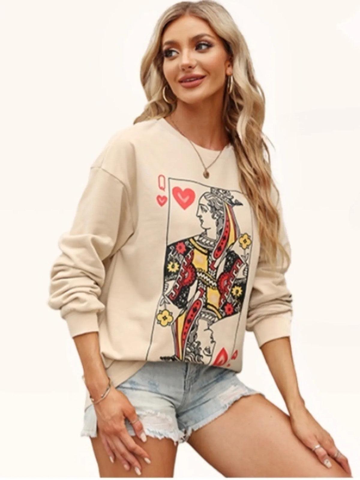 Queen of Hearts Playing Card Graphic Round Neck Sweatshirt.