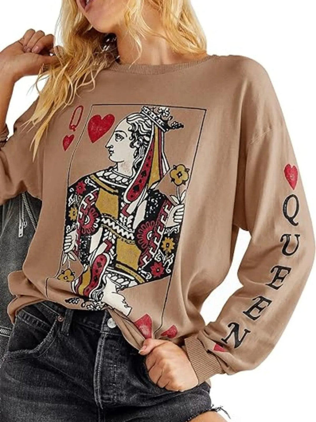 Queen of Hearts Playing Card Graphic Round Neck Sweatshirt.