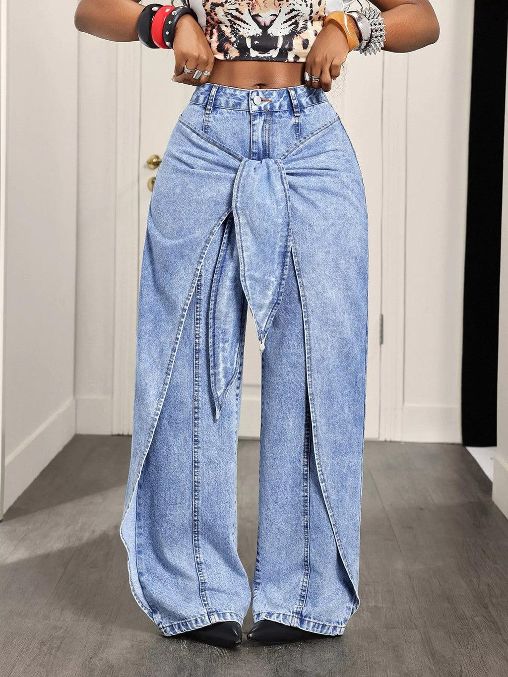 High-Waisted Ruffled Wide-Leg Jeans.