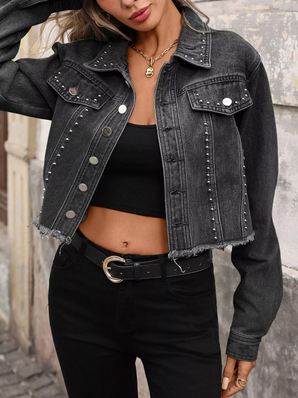 Studded Raw Hem Denim Jacket.