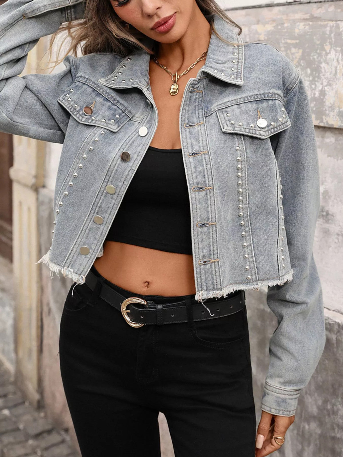 Studded Raw Hem Denim Jacket