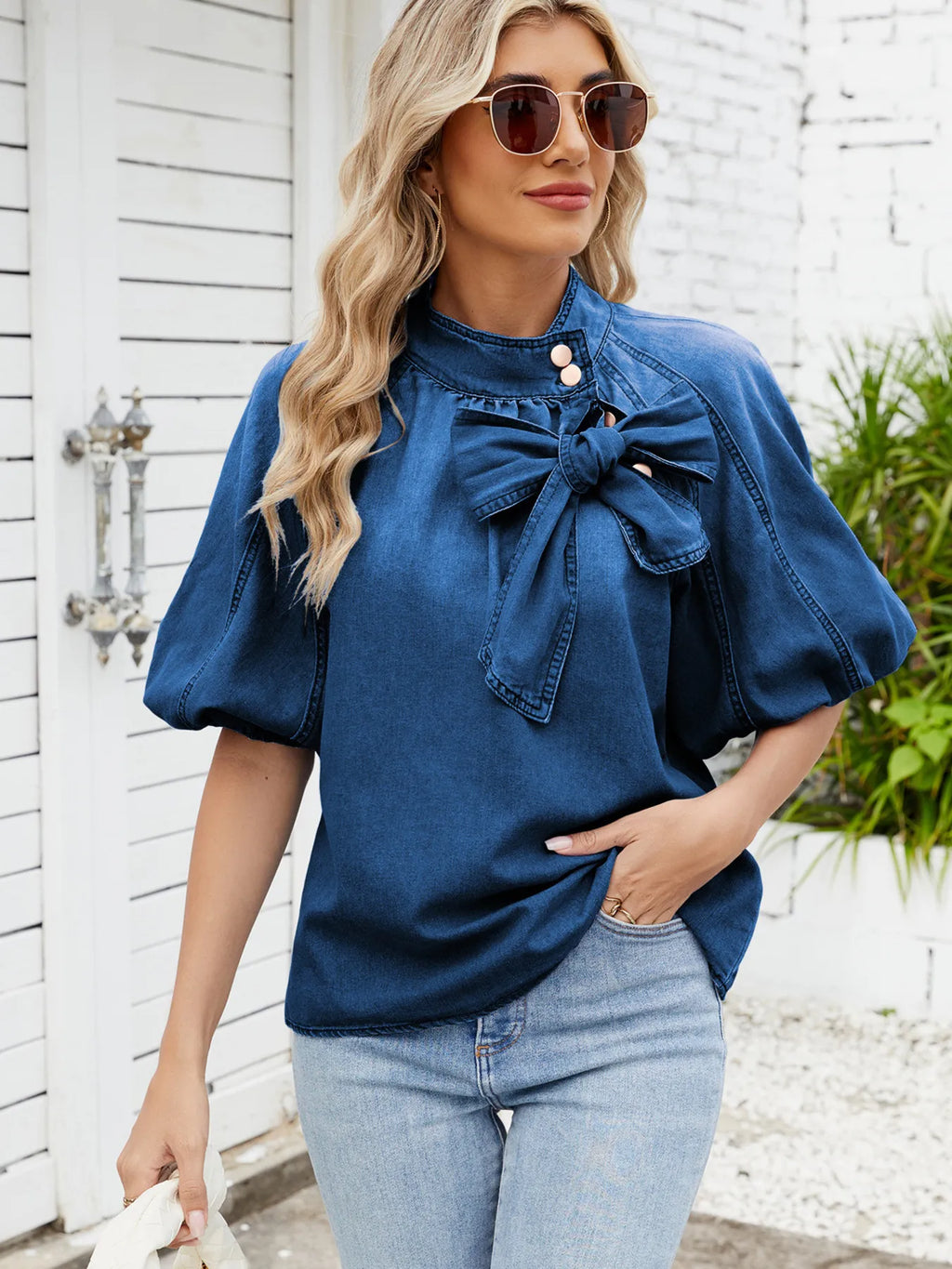 Denim Bow Tie Puff Sleeve Top.
