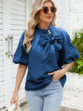 Denim Bow Tie Puff Sleeve Top.