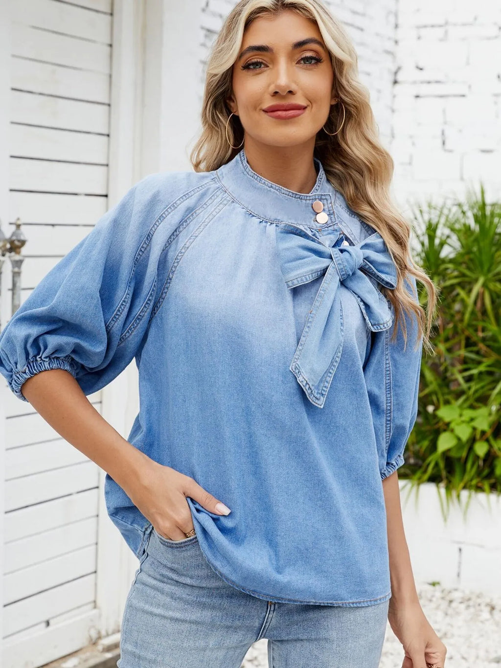 Denim Bow Tie Puff Sleeve Top.