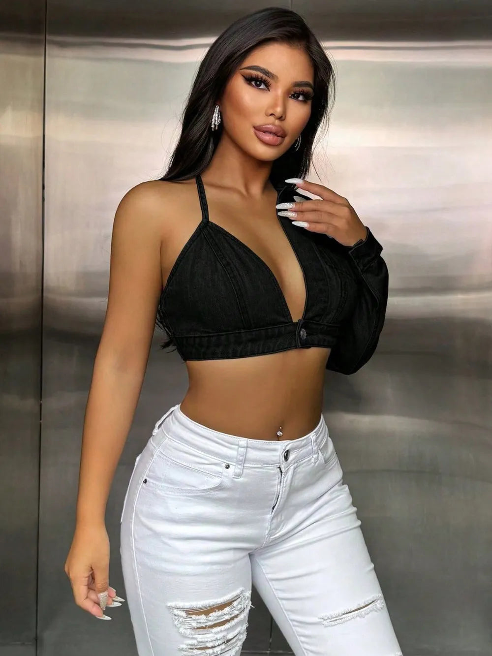 One Shoulder Long Sleeve Cropped Denim Top.