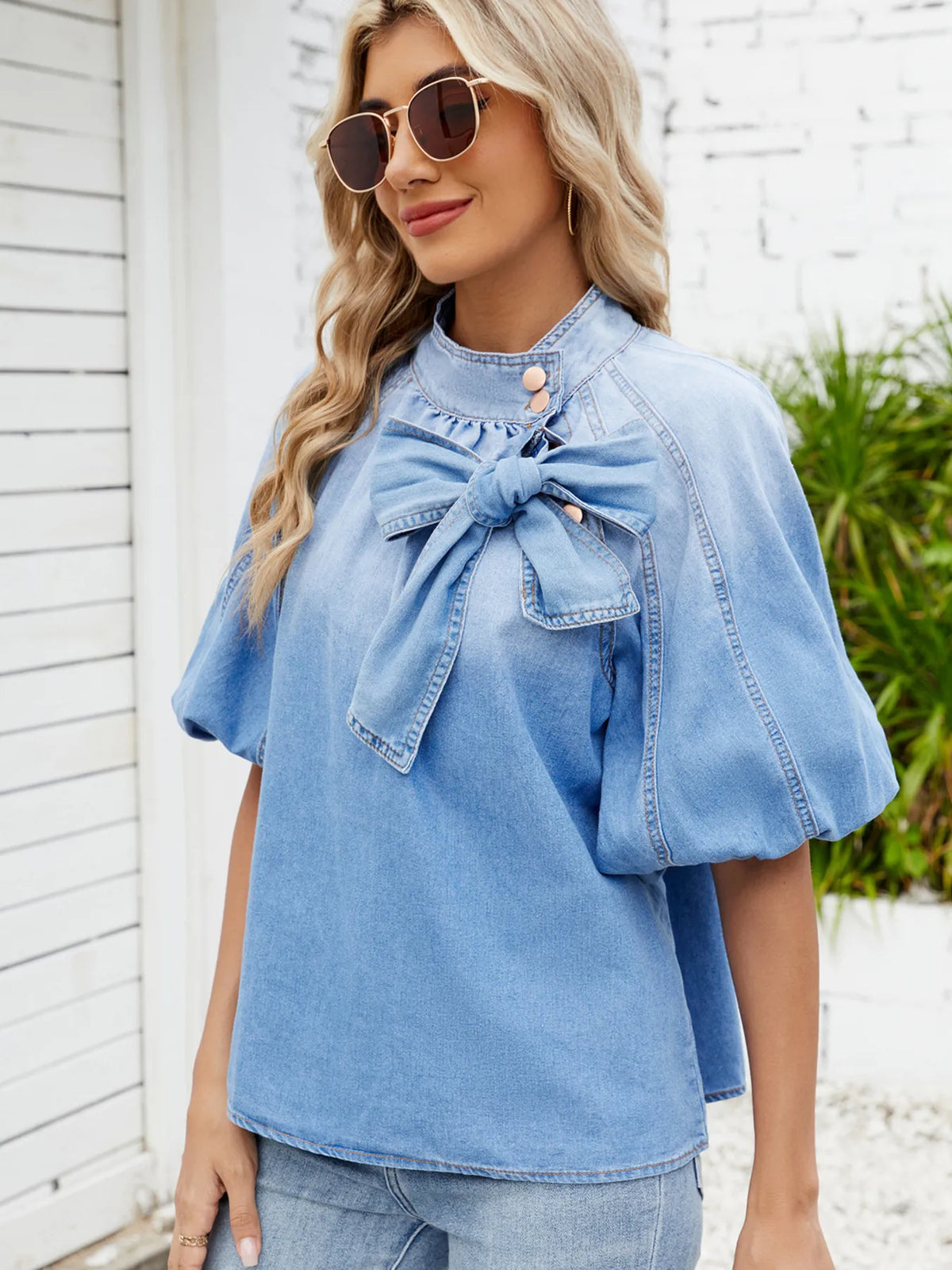 Denim Bow Tie Puff Sleeve Top.