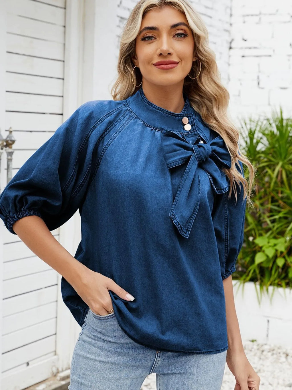 Denim Bow Tie Puff Sleeve Top.