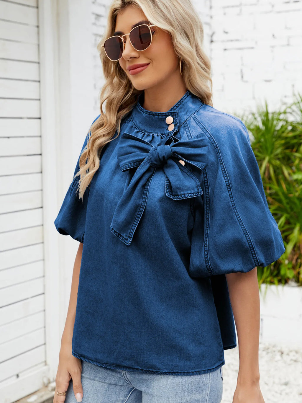 Denim Bow Tie Puff Sleeve Top.
